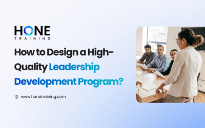 Hero banner for HONE Training with the headline 'How to Design a High-Quality Leadership Development Program?' and a group of coworkers in a meeting on the right.