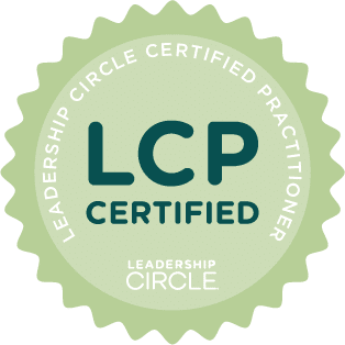 Mint-green circular certification seal that reads 'LCP CERTIFIED' with 'Leadership Circle' around the edge.