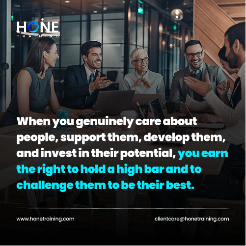 A diverse team of professionals in a conference room collaborating around a laptop, with a message about caring for people and investing in their potential.