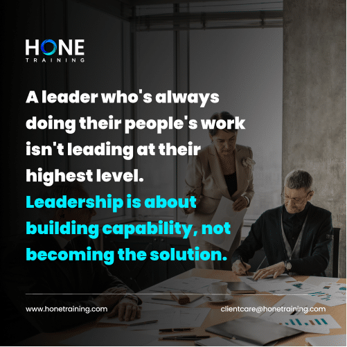 Hone Training logo top left; two professionals review documents in a meeting with a leadership quote overlay.