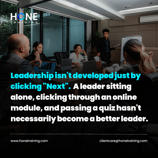 Conference-room training scene with a presenter and engaged team; bold leadership quote and HONETRAINING branding on screen.
