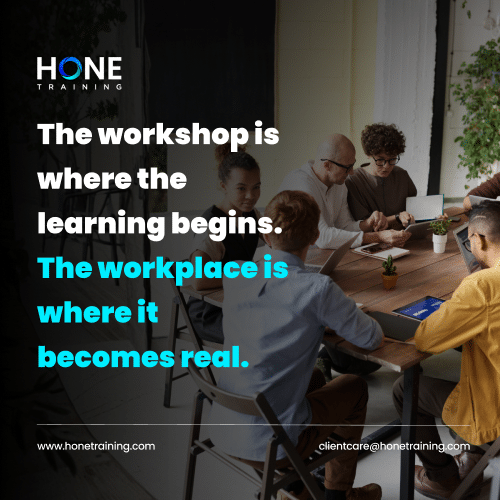 Diverse team in a workshop around a table, collaborating; Hone Training logo and an overlaid quote about learning and real work.
