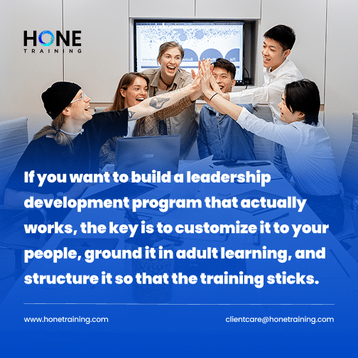 Group of six colleagues celebrate with a high-five in a training room; blue overlay displays the leadership-development quote, HONETRAINING logo, and website URLs.