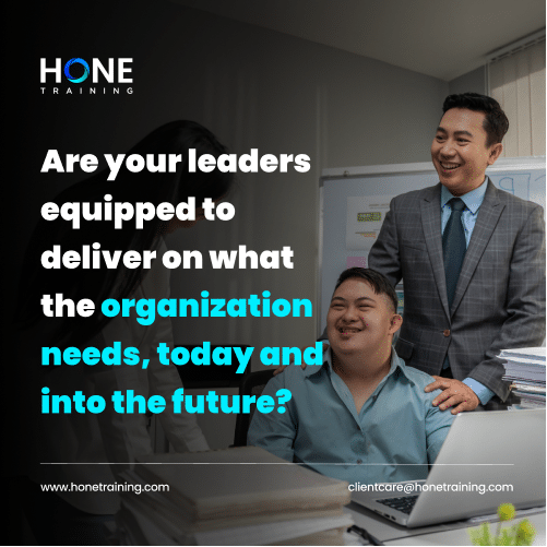Two businesspeople in an office smiling; bold headline asks if leaders are equipped to deliver for today and the future.