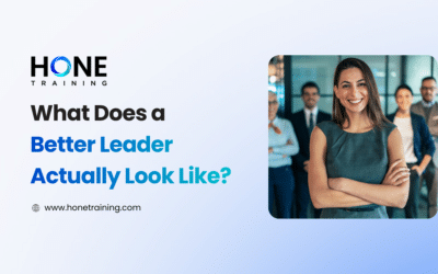 Hero banner: HONE Training logo, the headline 'What Does a Better Leader Actually Look Like?', and a smiling woman leader with a team in the background.